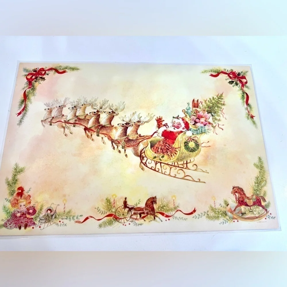VTG Laminated AmericaMark Placemats Lot Of 4 christmas Giordano Santa & Pilgrims